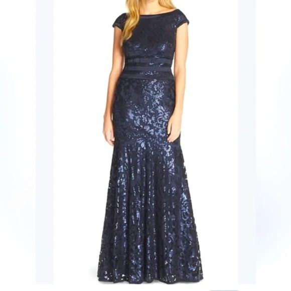 Tadashi Shoji Dresses & Skirts - Tadashi Shoji Sequin Navy Blue Sequin Mesh Evening Gown Maxi Dress Size 2